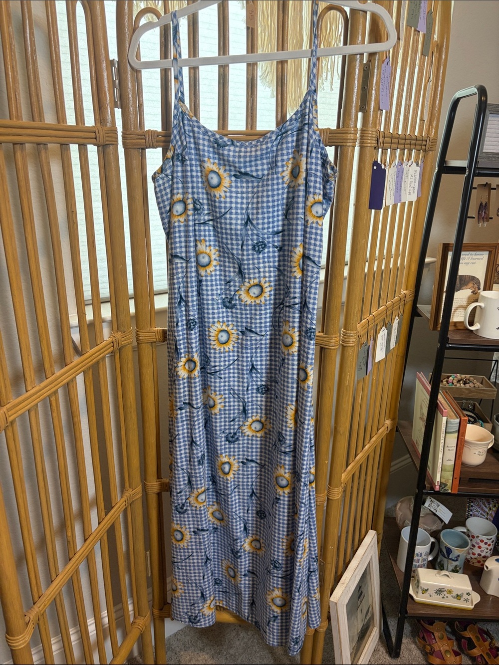 Vintage Y2K Blue Gingham Sunflower Slip Dress runs smaller